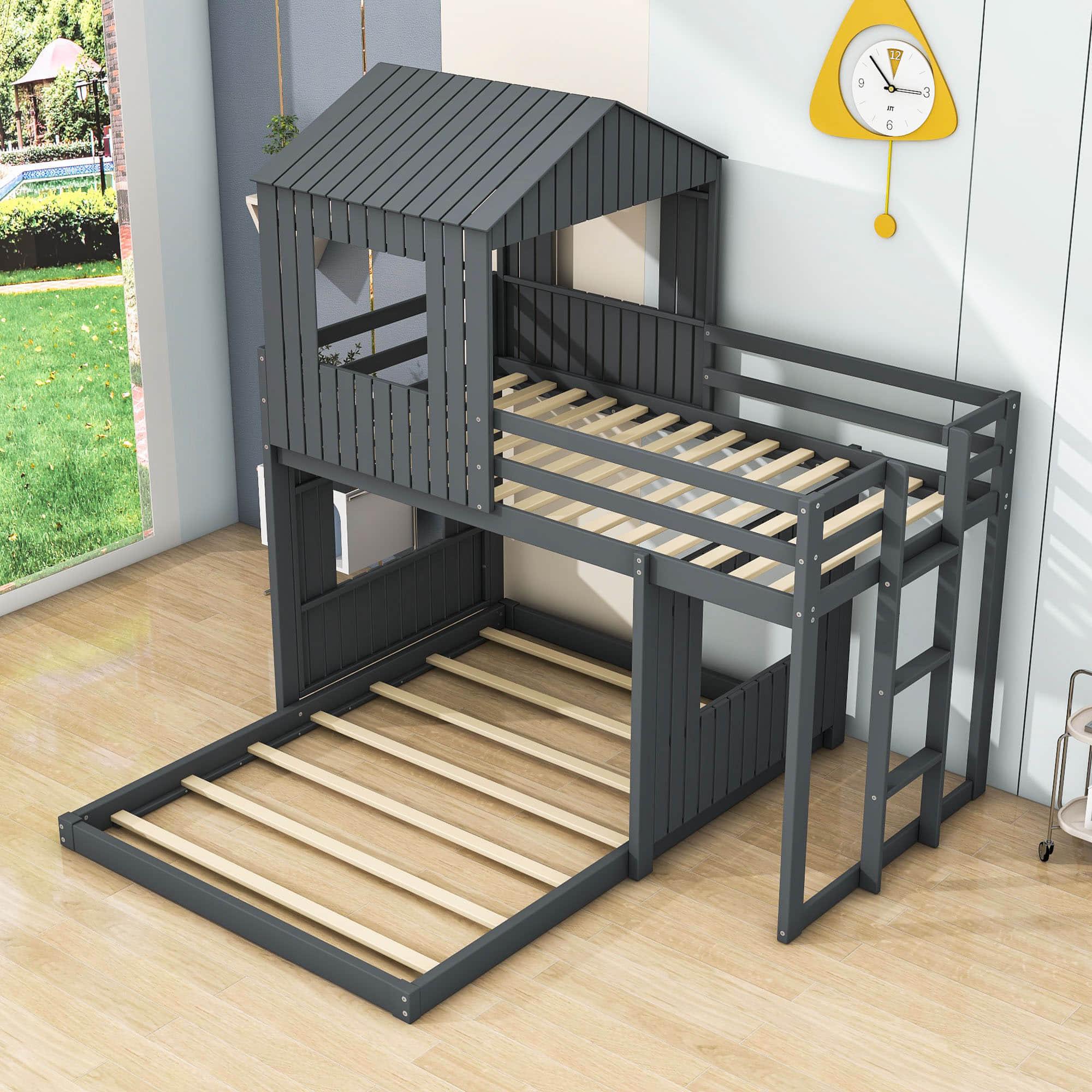 Fun Wooden L-Shaped Twin Over Full House Bunk Beds for Kids - [Low to Floor]