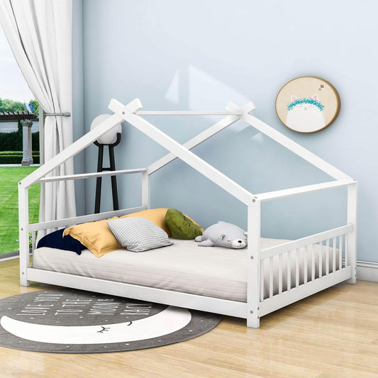 Wooden Full Size Low House Bed Frame for Toddler, Kids