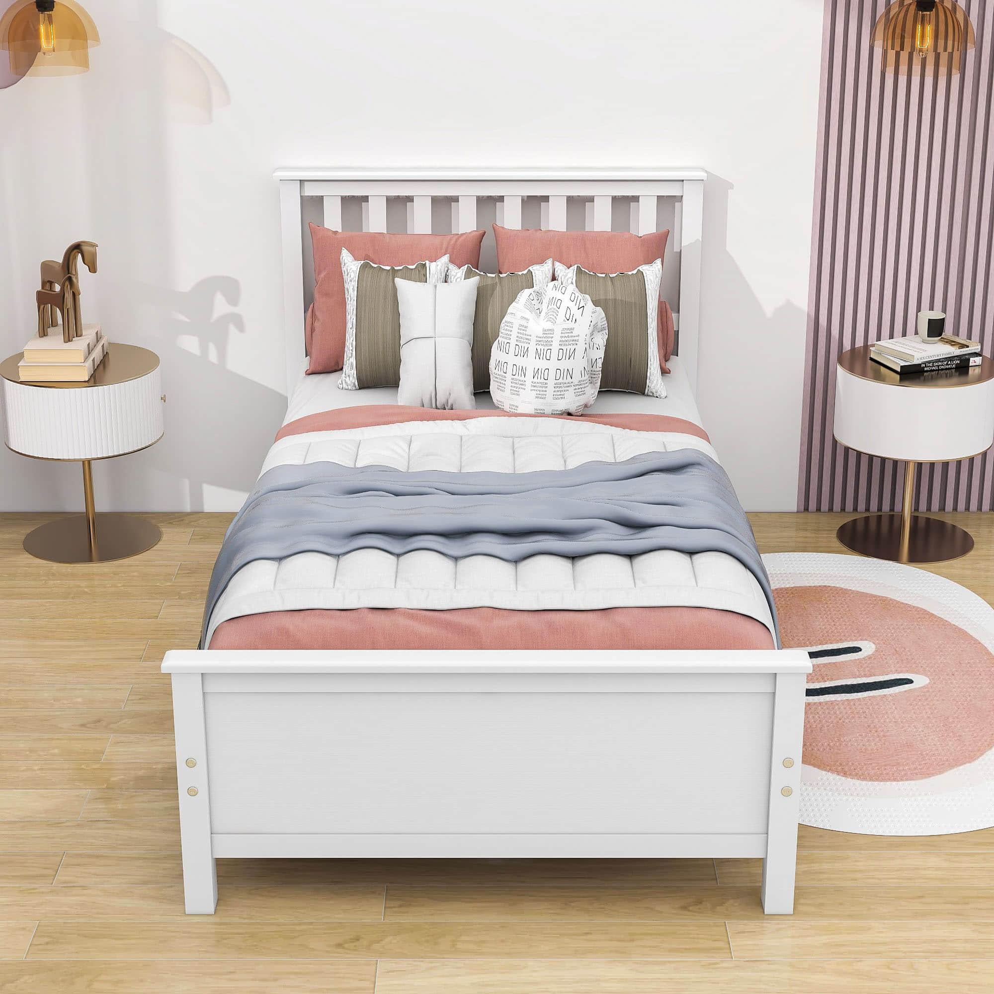 Wooden Twin Platform Bed with Headboard for Kids, Adult