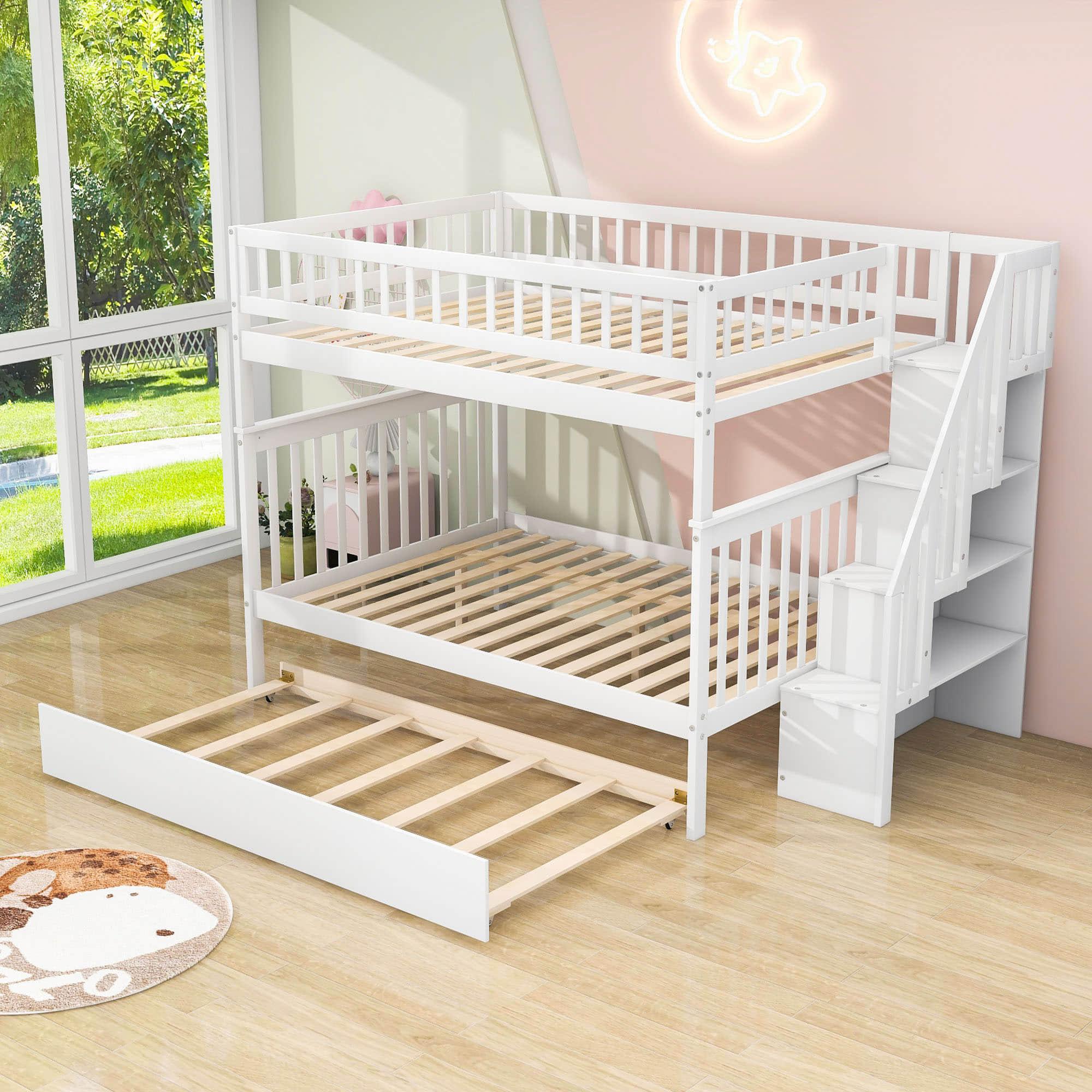 Wooden Full Size Bunk Bed with Stairs and Trundle, Storage Shelves