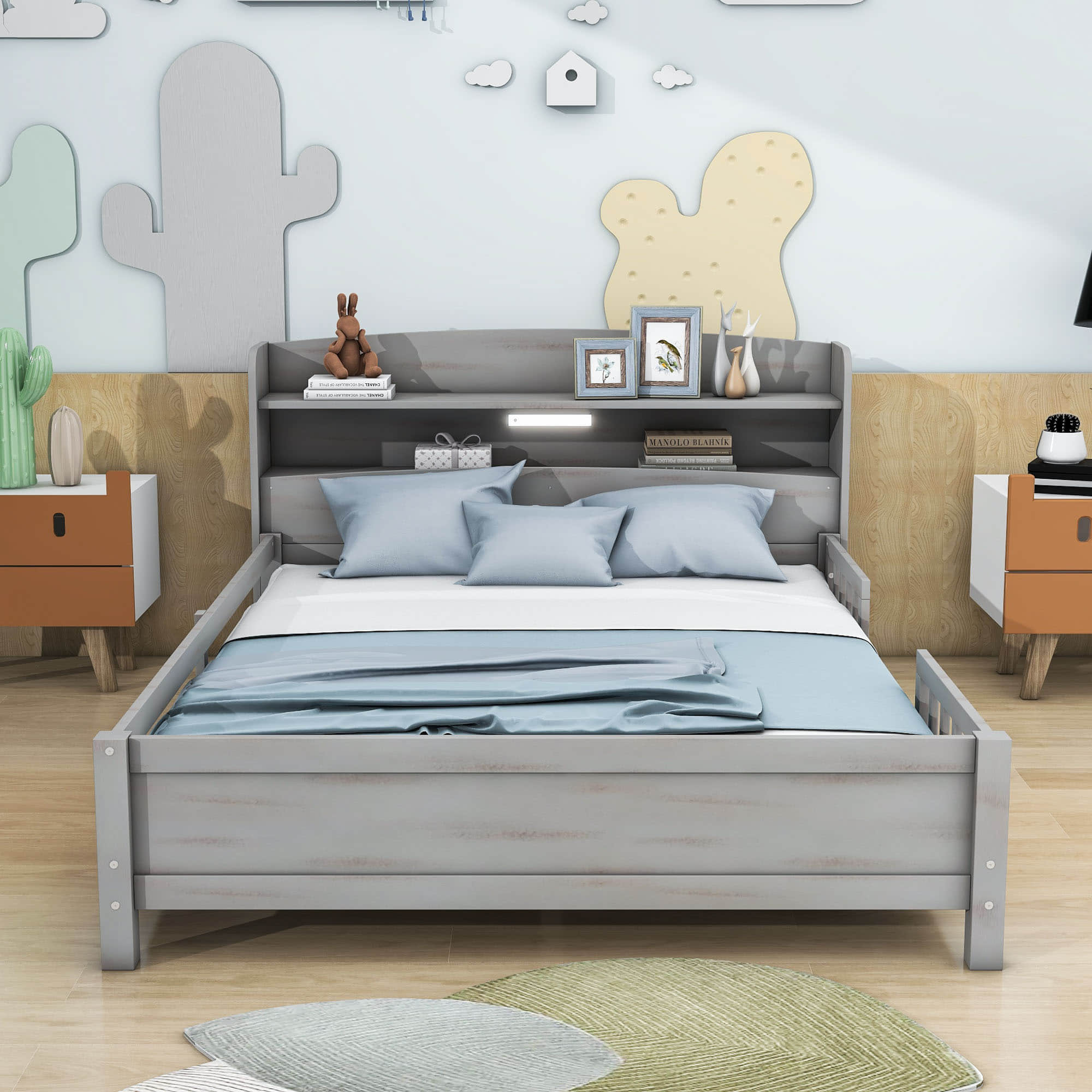 Wood Full Low Kids Platform Bed Frame with Rails and Storage Headboard