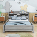 Wood Full Low Kids Platform Bed Frame with Rails and Storage Headboard