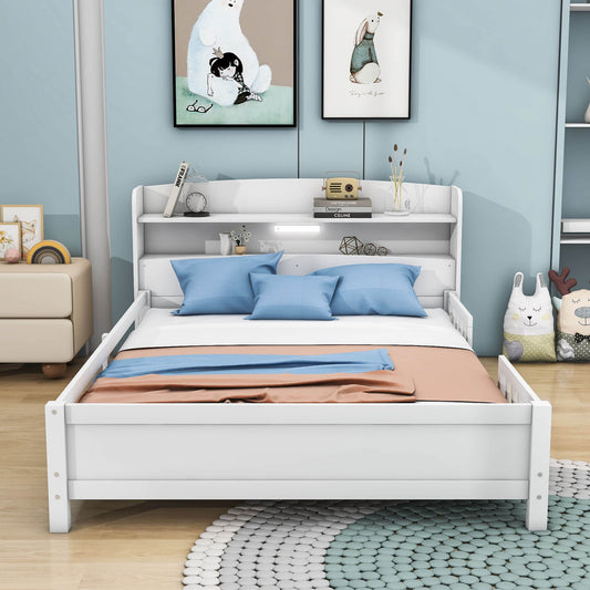 Wood Full Low Kids Platform Bed Frame with Rails and Storage Headboard