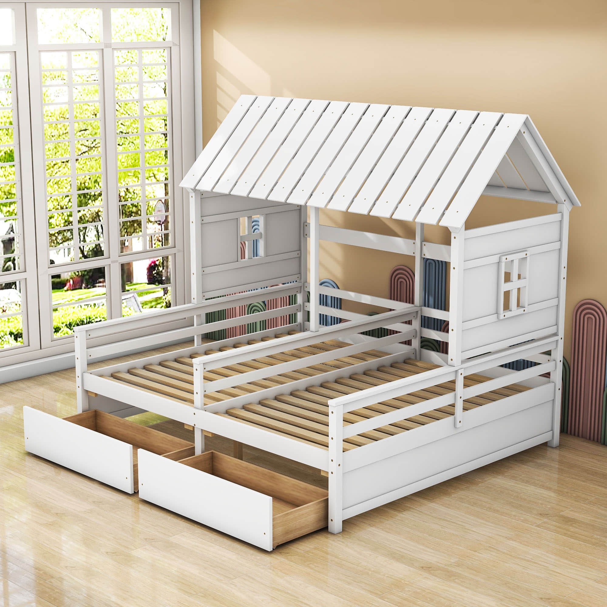 Wooden Double Twin Size House Platform Beds with Storage for 2 Kids