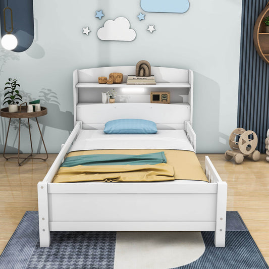 Low Twin Kids Platform Bed Frame with Rails and Storage Headboard