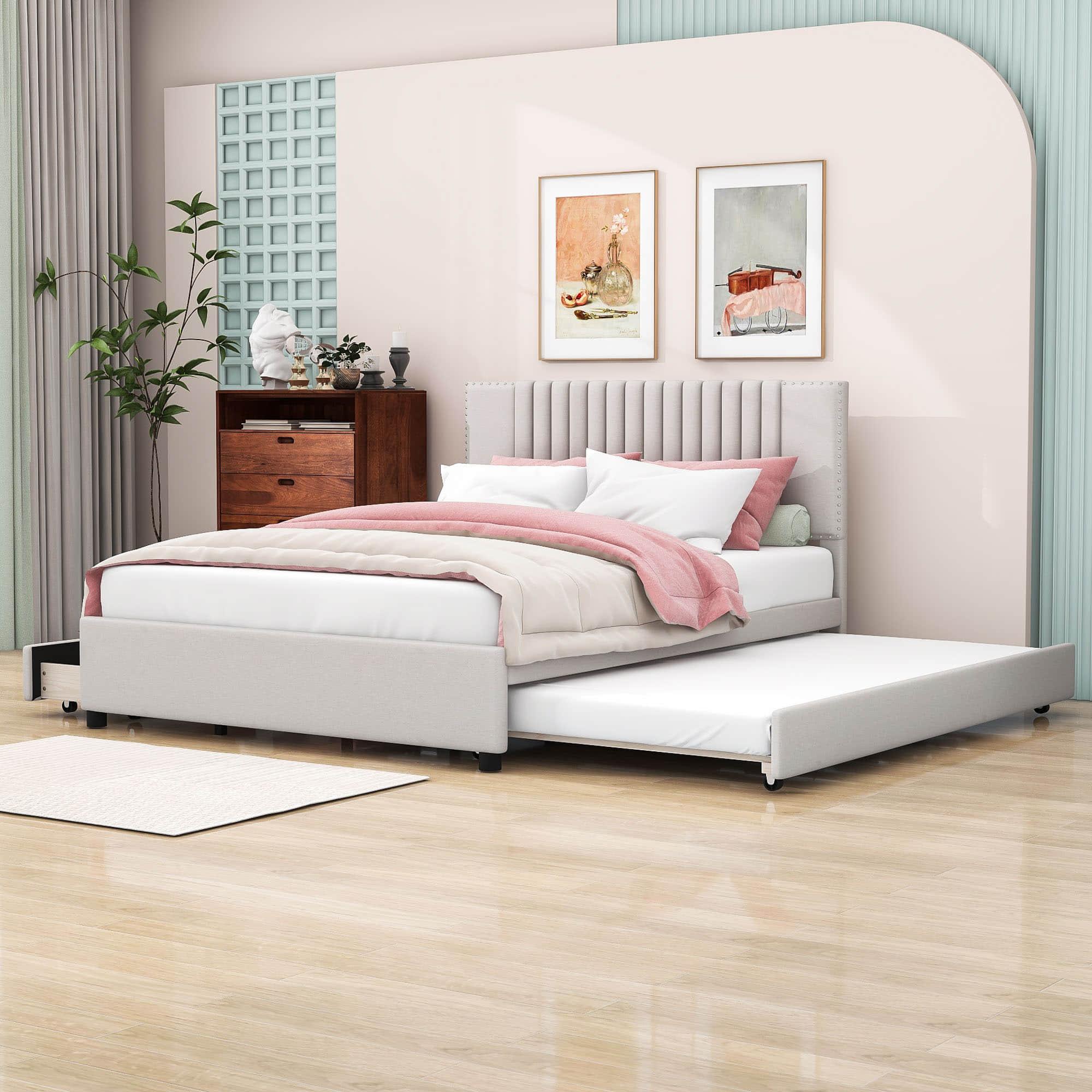 Upholstered Platform Queen Size Bed Frame with Storage and Twin XL Trundle - [Drawers, Headboard]