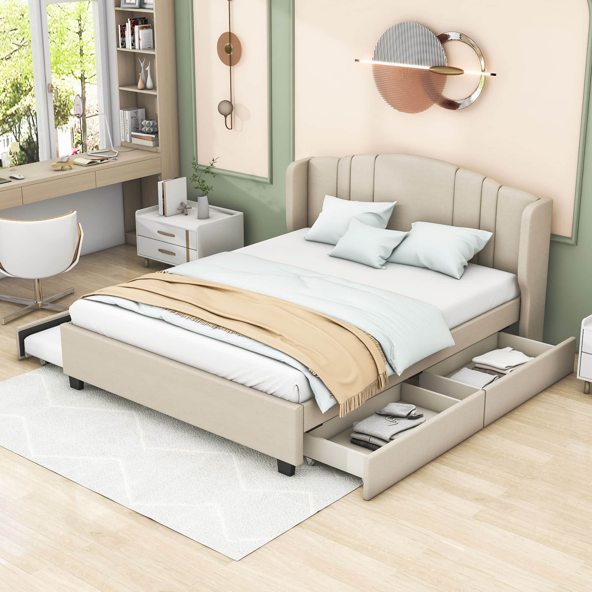 Modern Upholstered Queen Platform Bed Frame with Headboard and Storage