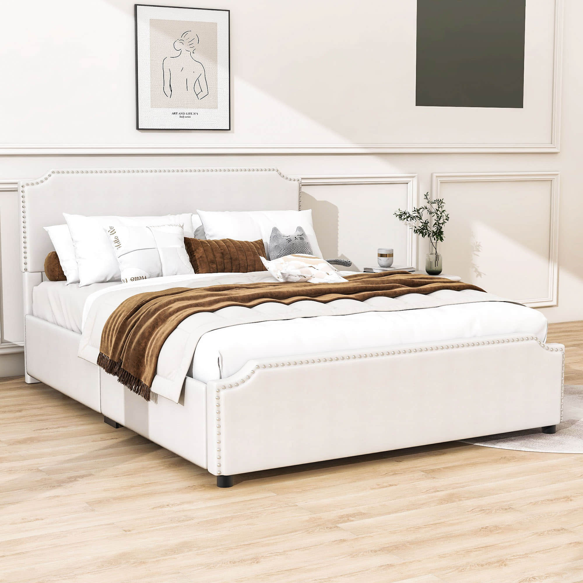 Queen Velvet Upholstered Bed Frame with Headboard and Storage