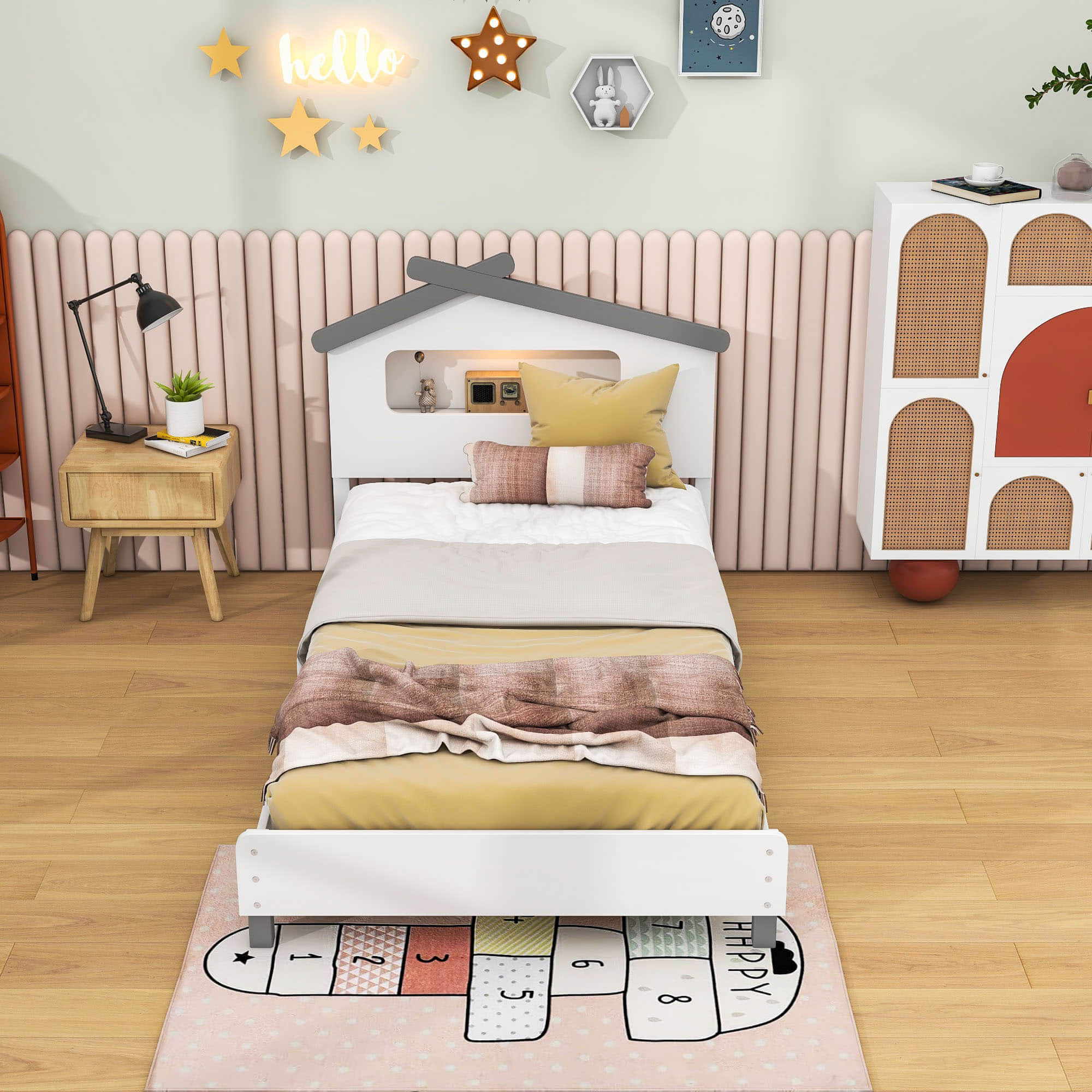 Kids Twin Platform Bed with House-Shaped Headboard and LED Lights