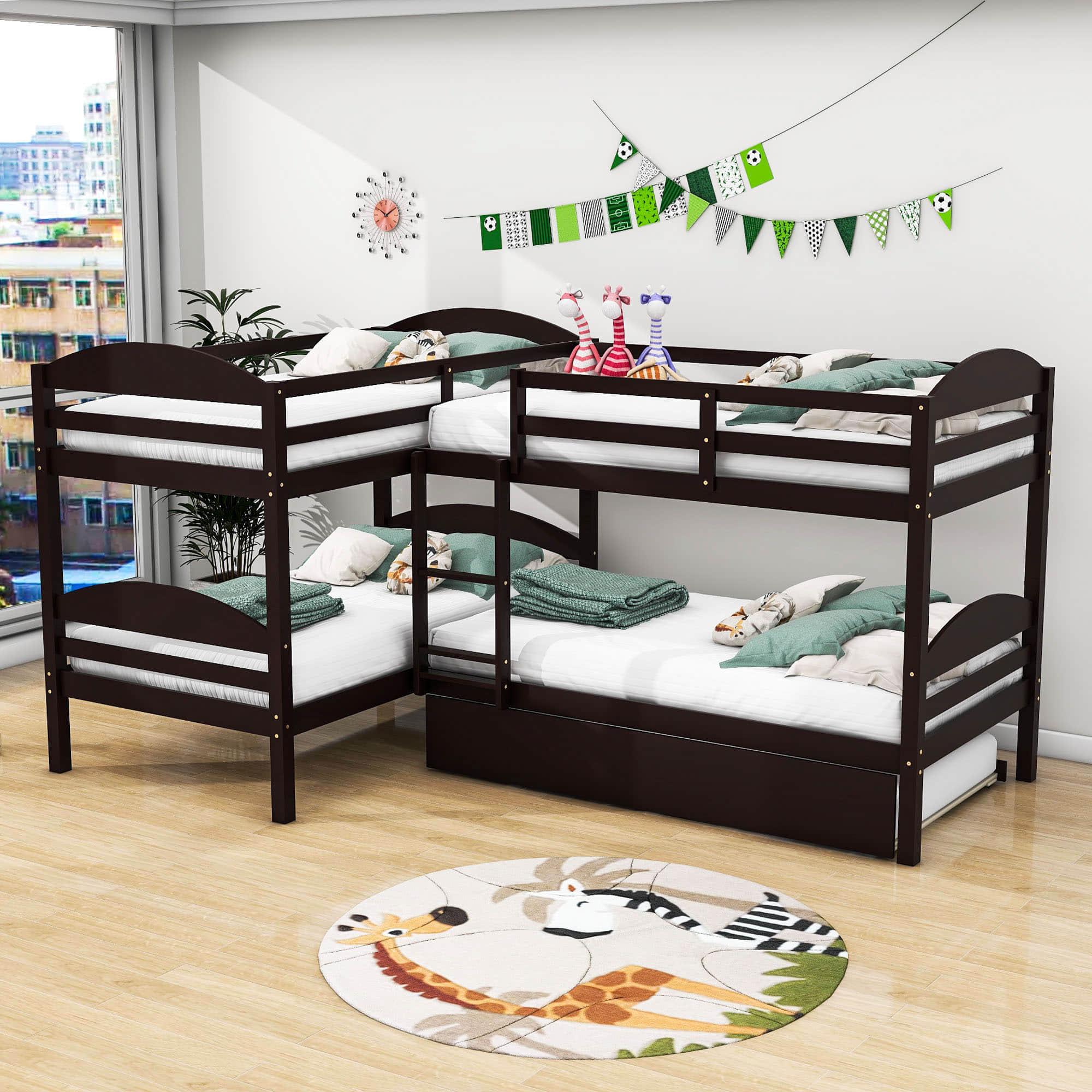 Twin Corner Quad Bunk Beds with Trundle for Kids - [Wooden, L-Shaped]