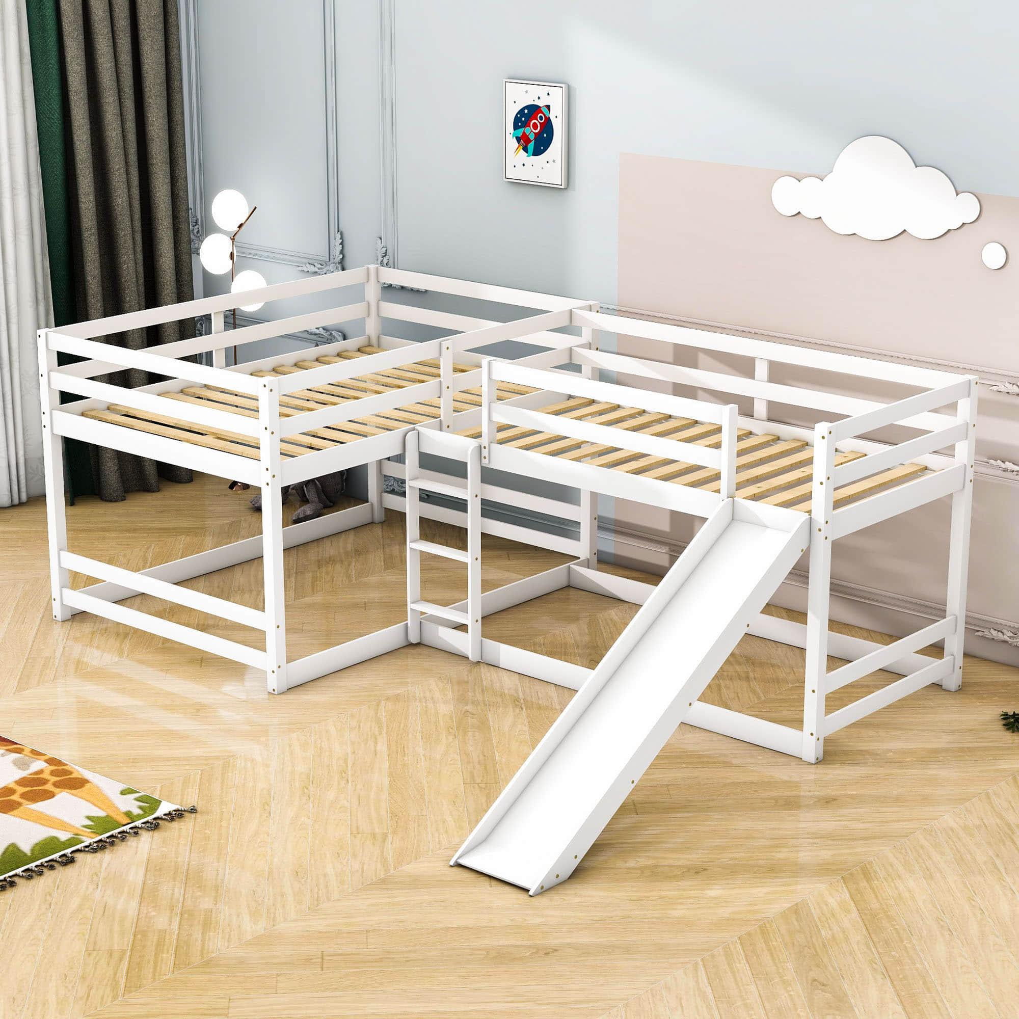 Corner Full and Twin Quad Bunk Beds with Slide - [Wooden, Convertible, L-Shaped]