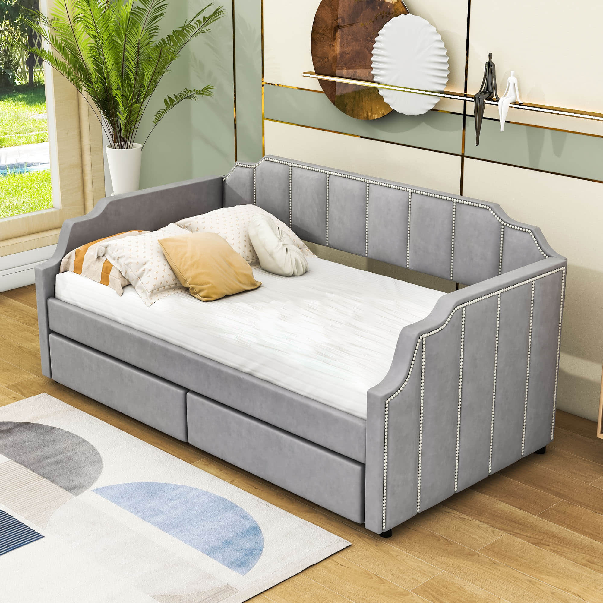 Modern Twin Size Upholstered Daybed with Storage Drawers