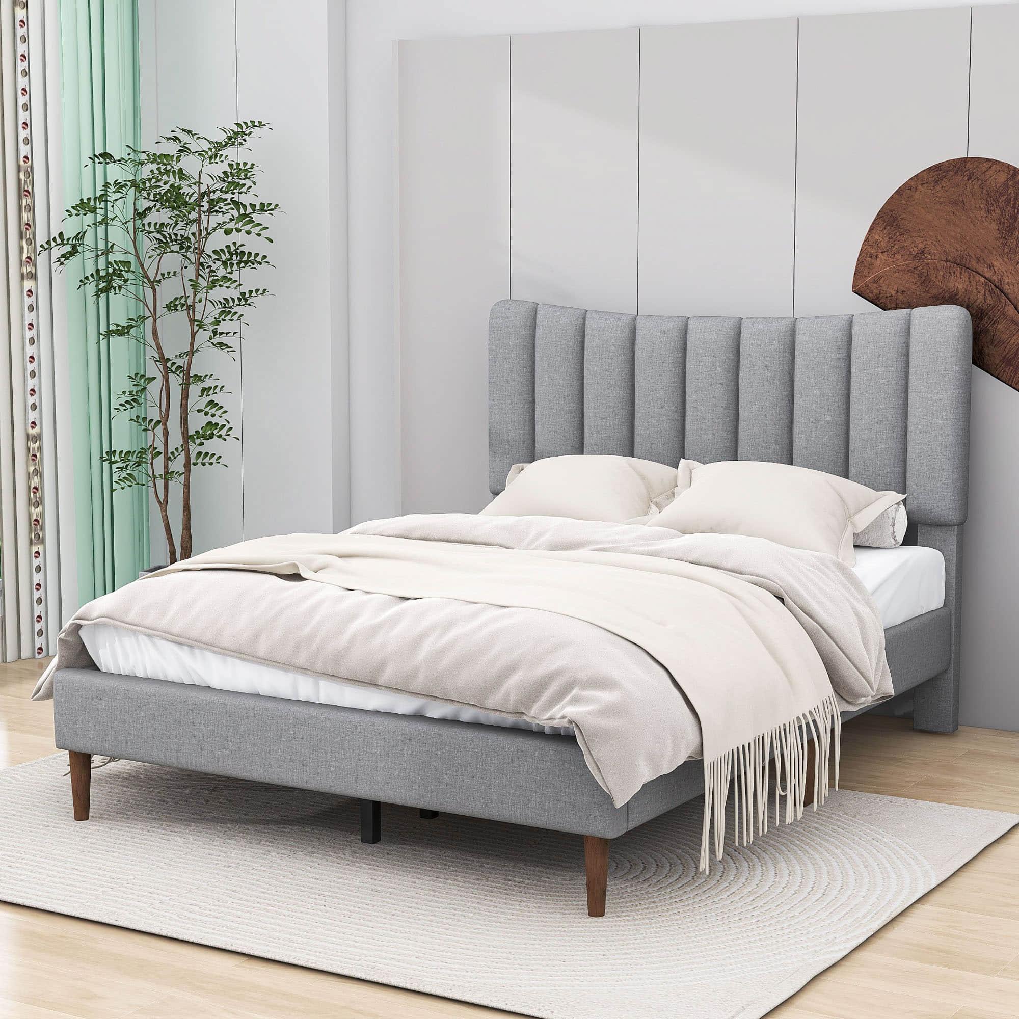 Full Size Linen Upholstered Platform Low Bed Frame with Headboard