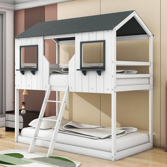 Twin Over Twin House Bunk Beds for Kids Toddler - Wooden, Low, Floor