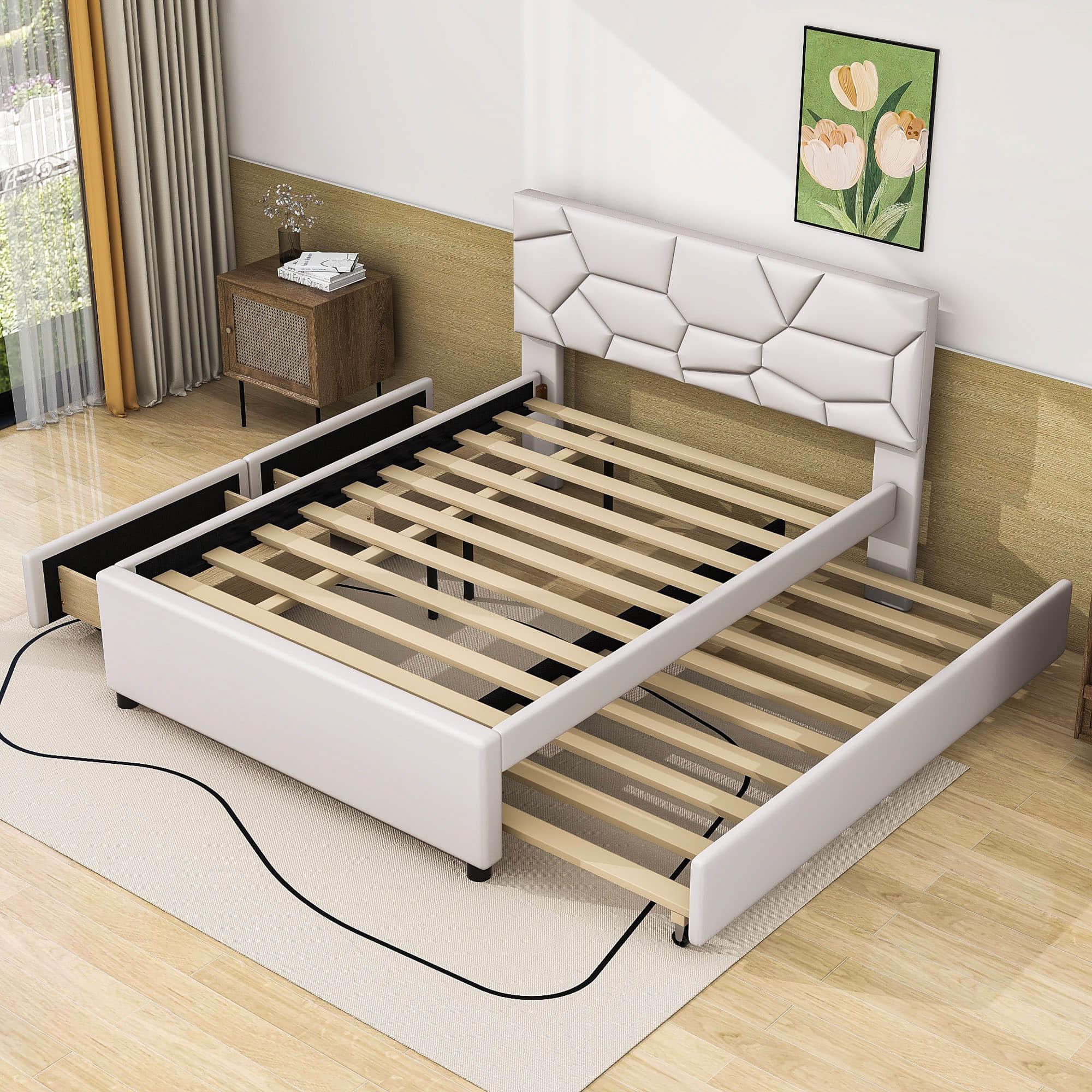 Full Size Upholstered Platform Bed with Trundle and Storage - [Drawers, Linen]