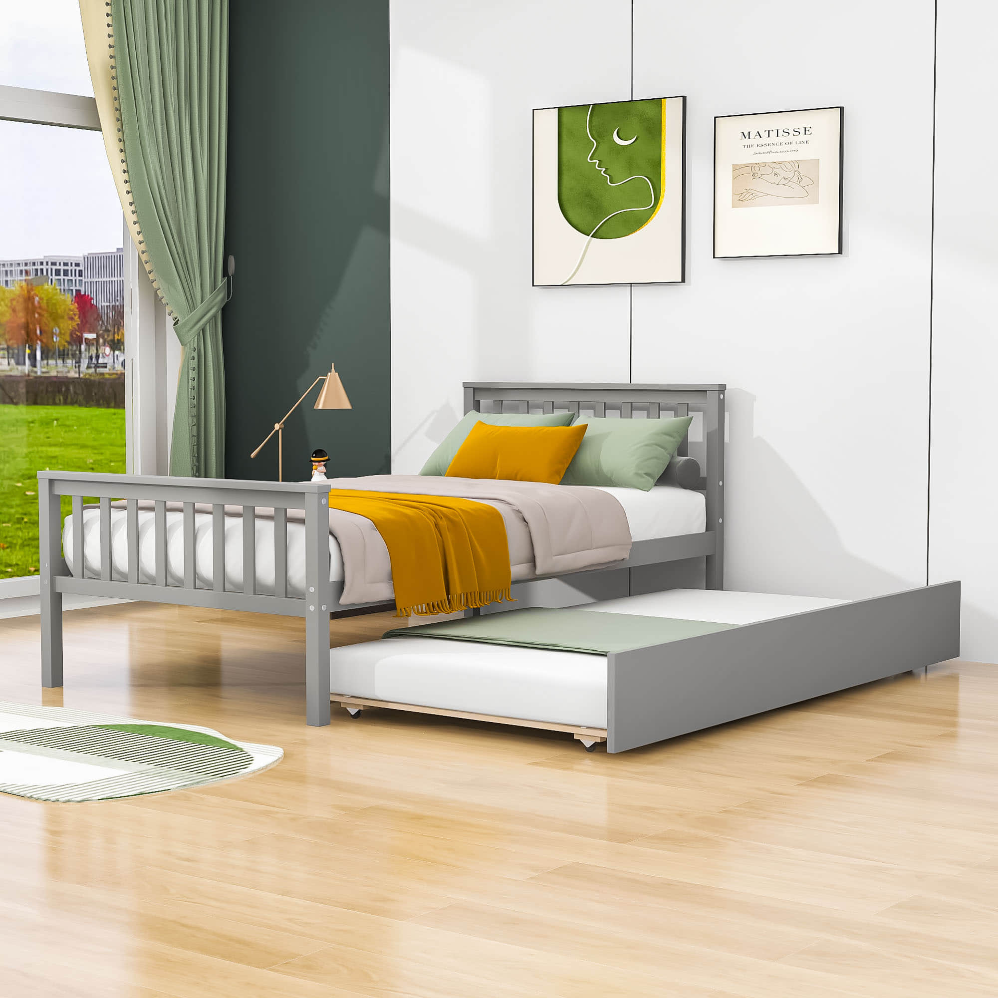 Twin Platform Bed Frame with Twin Trundle and Headboard - [Wooden, Footboard]