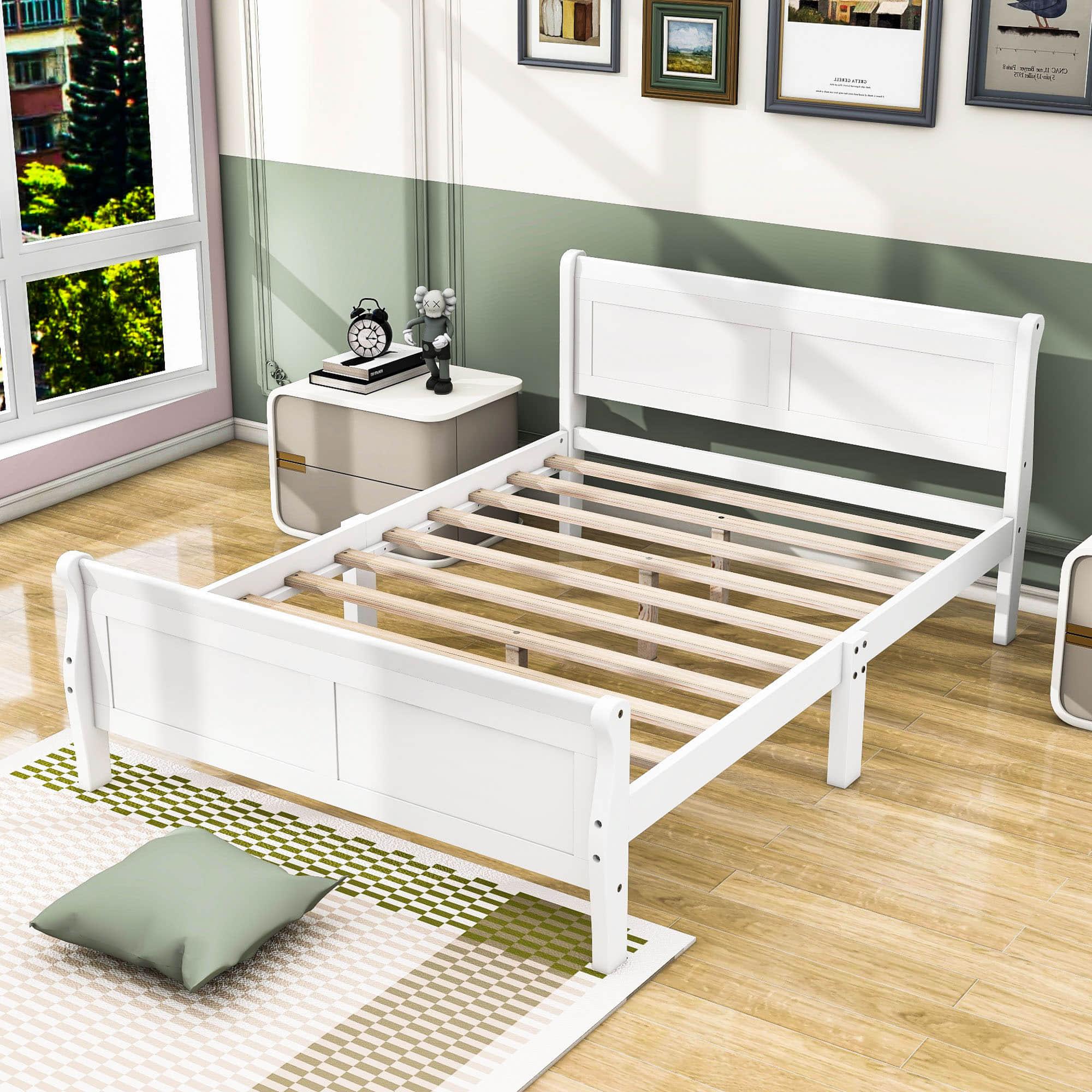 Wooden Full Size Platform Bed with Headboard - [Sleigh]