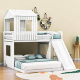 Low Twin Over Full Corner House Bunk Beds with Slide - [Wooden, FarmHouse]