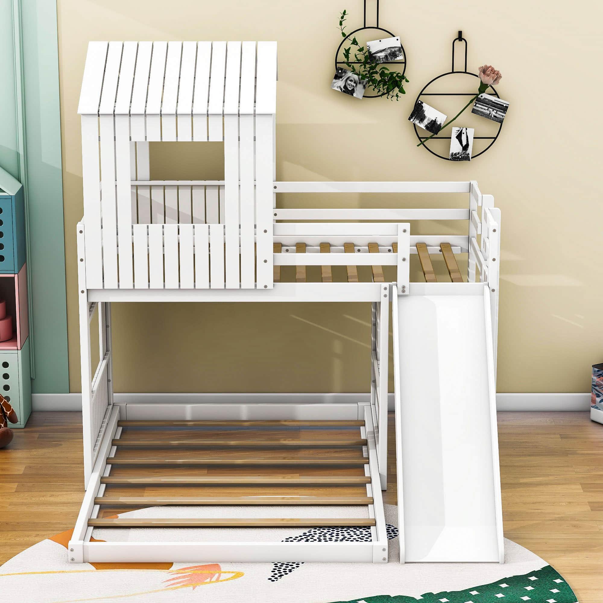 Low Twin Over Full Corner House Bunk Beds with Slide - [Wooden, FarmHouse]