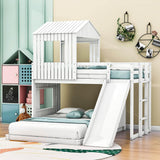 Low Twin Over Full Corner House Bunk Beds with Slide - [Wooden, FarmHouse]