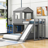 Low Twin Over Full Corner House Bunk Beds with Slide - [Wooden, FarmHouse]