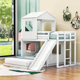 Low Twin Over Full Corner House Bunk Beds with Slide - [Wooden, FarmHouse]