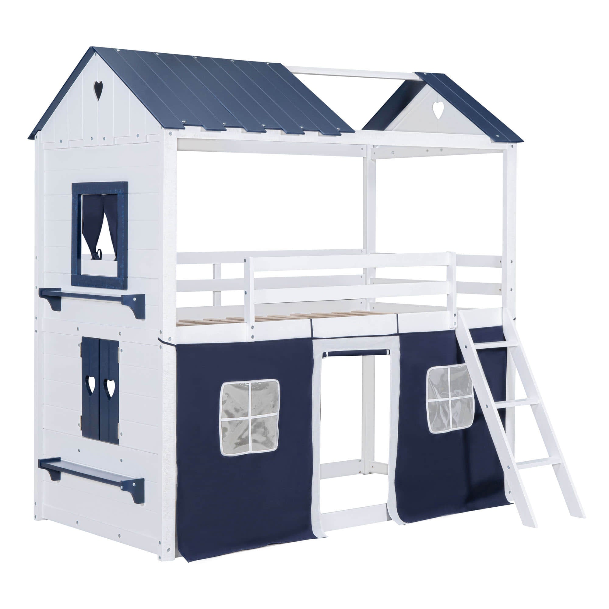 Low Twin Over Twin House Loft Bunk Beds for Kids with Curtains - [Floor]