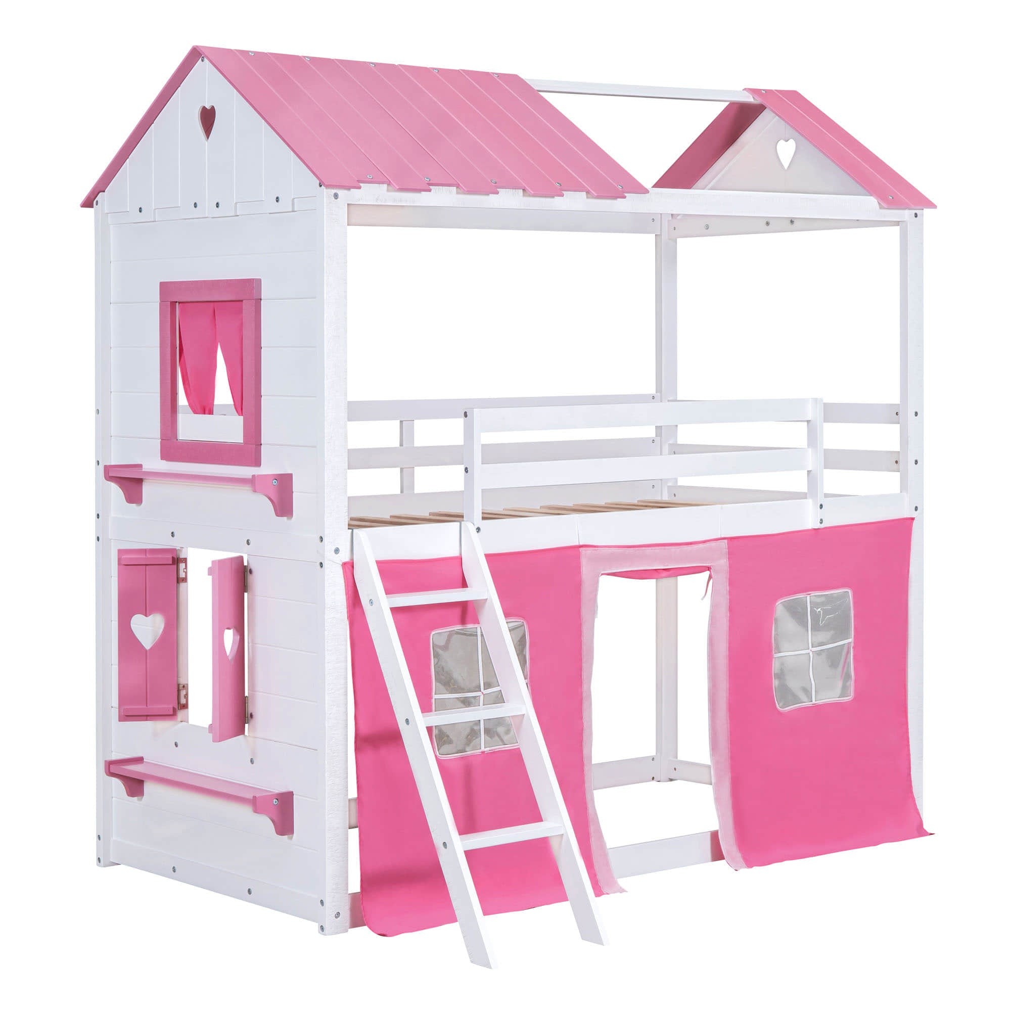 Low Twin Over Twin House Loft Bunk Beds for Kids with Curtains - [Floor]