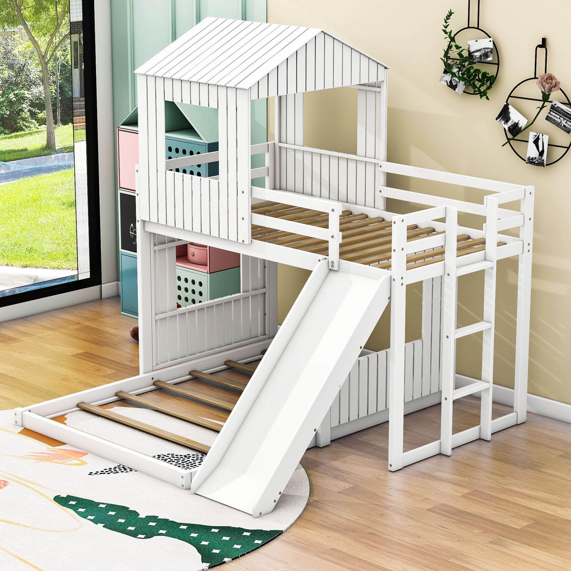 Low Twin Over Full Corner House Bunk Beds with Slide - [Wooden, FarmHouse]