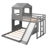 Low Twin Over Full Corner House Bunk Beds with Slide - [Wooden, FarmHouse]