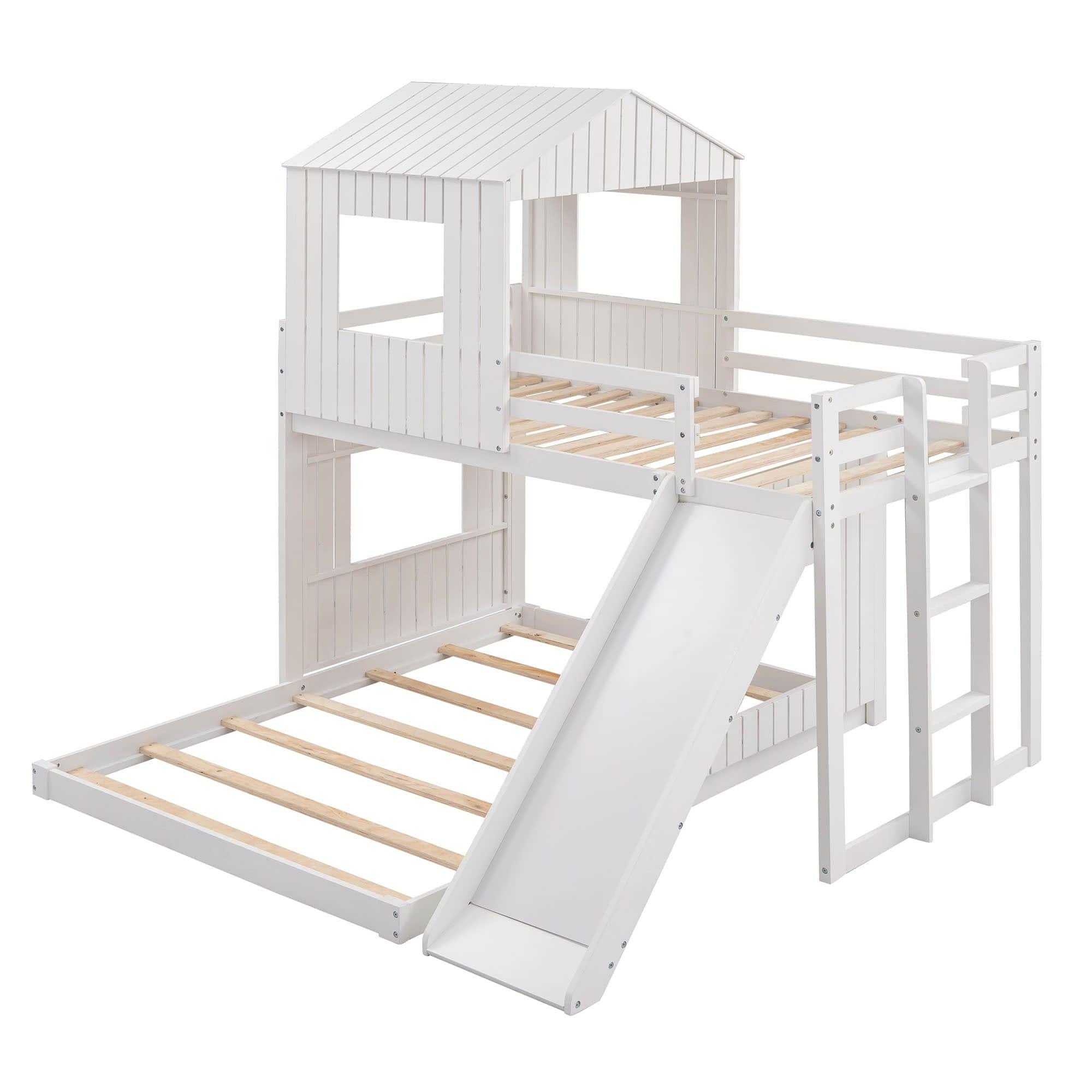 Low Twin Over Full Corner House Bunk Beds with Slide - [Wooden, FarmHouse]