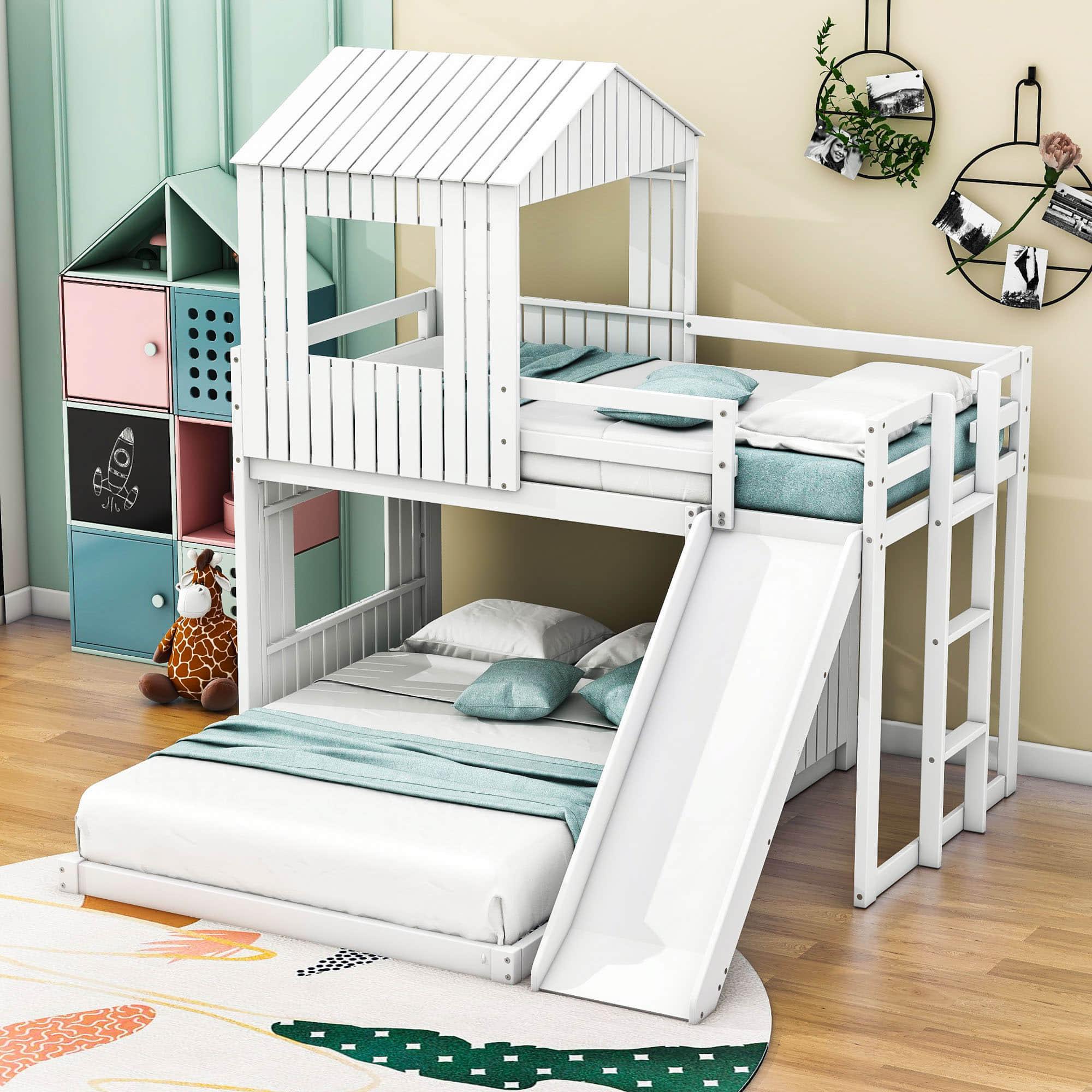 Low Twin Over Full Corner House Bunk Beds with Slide - [Wooden, FarmHouse]