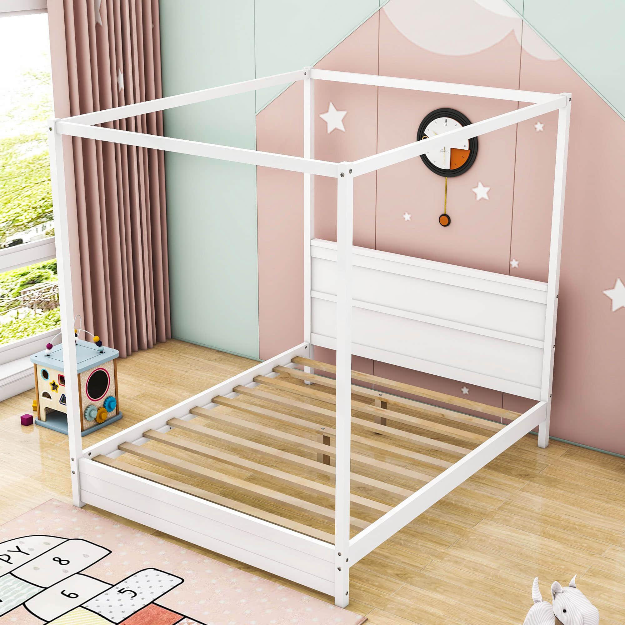 Wooden Modern Low Profile Queen Canopy Bed Frame with Headboard