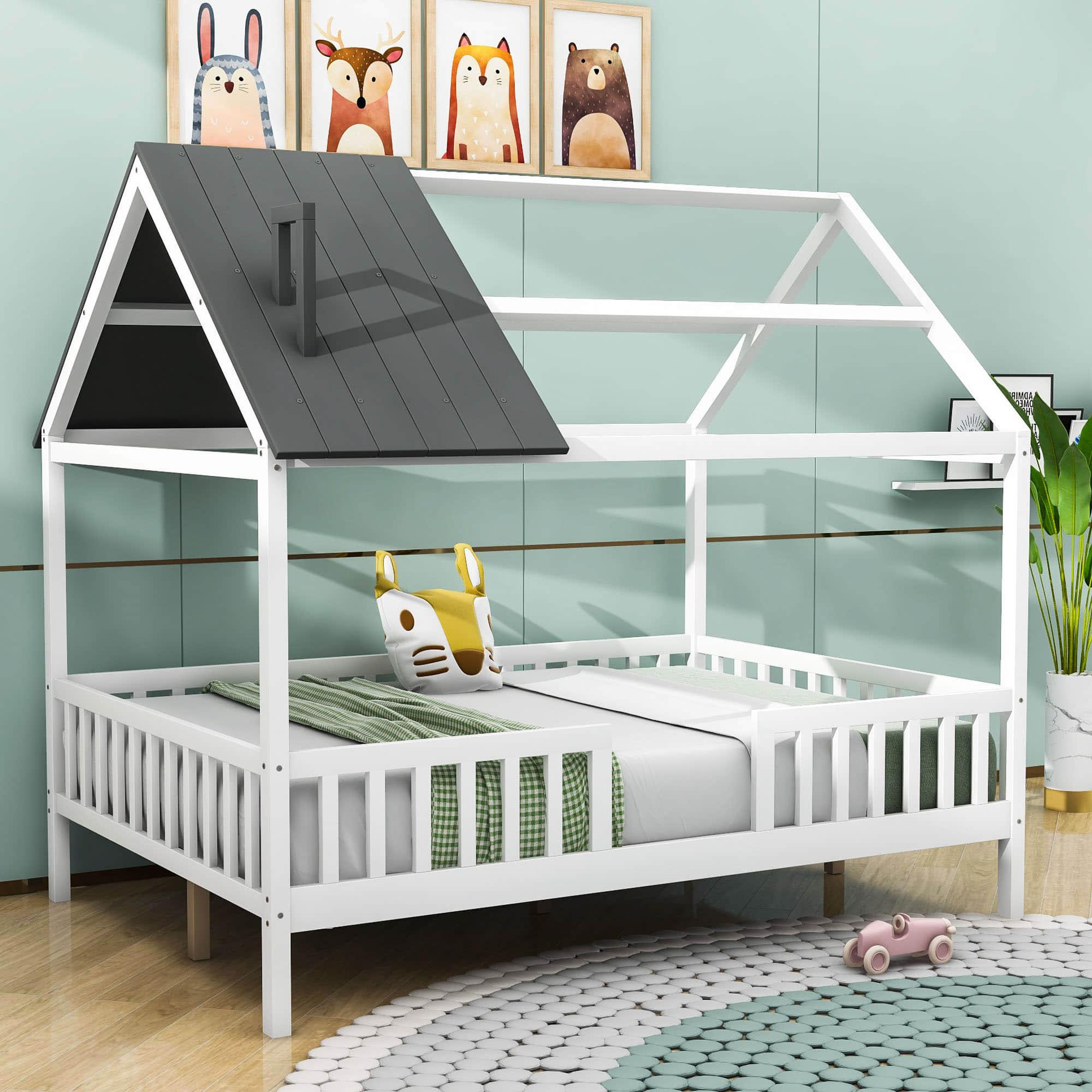 Full Wooden Kids Low Montessori Farmhouse Bed Frame with Rails