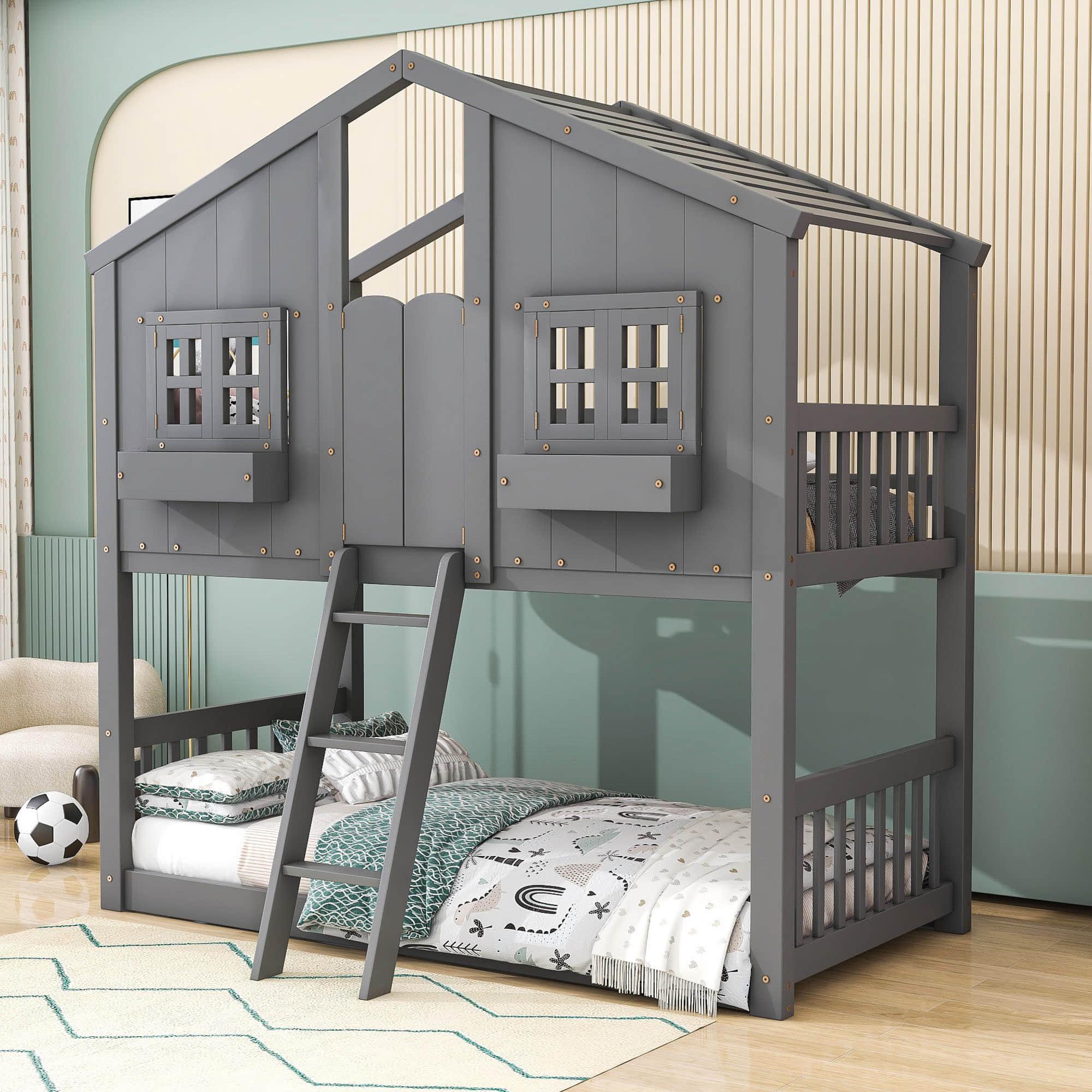 Low Twin Over Twin FarmHouse Bunk Beds for Kids, Toddler - [Wooden, Floor]