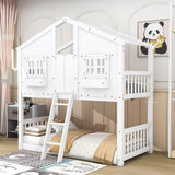 Low Twin Over Twin FarmHouse Bunk Beds for Kids, Toddler - [Wooden, Floor]