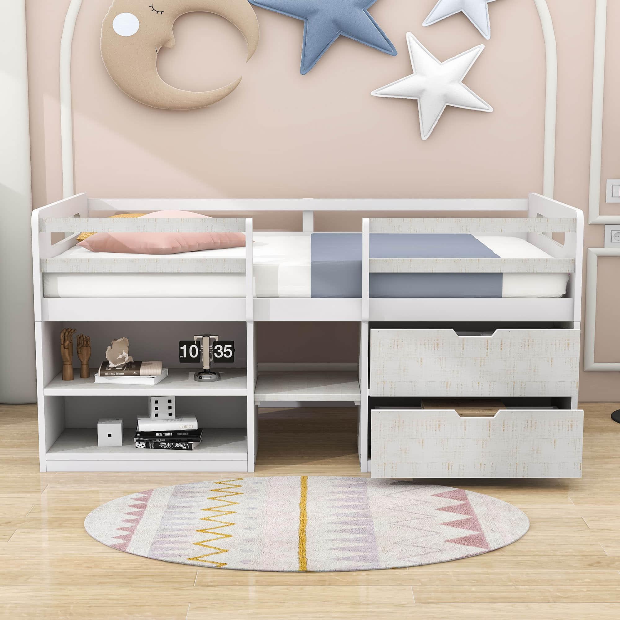 Modern Farmhouse Twin Low Montessori Loft Bed with Drawers and Shelves for Kids