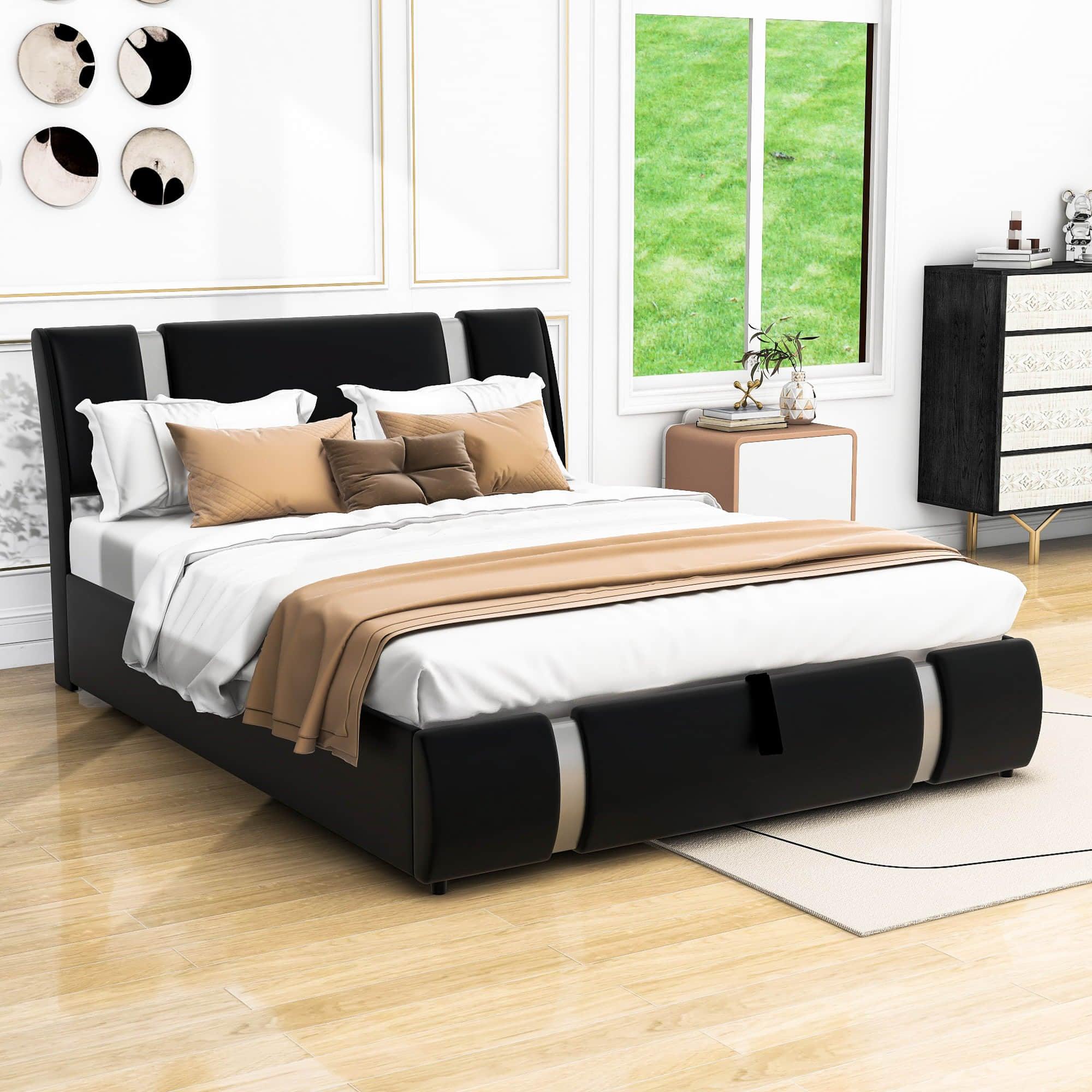 PU Leather Queen Size Upholstered Platform Bed Frame - [Hydraulic Storage System]