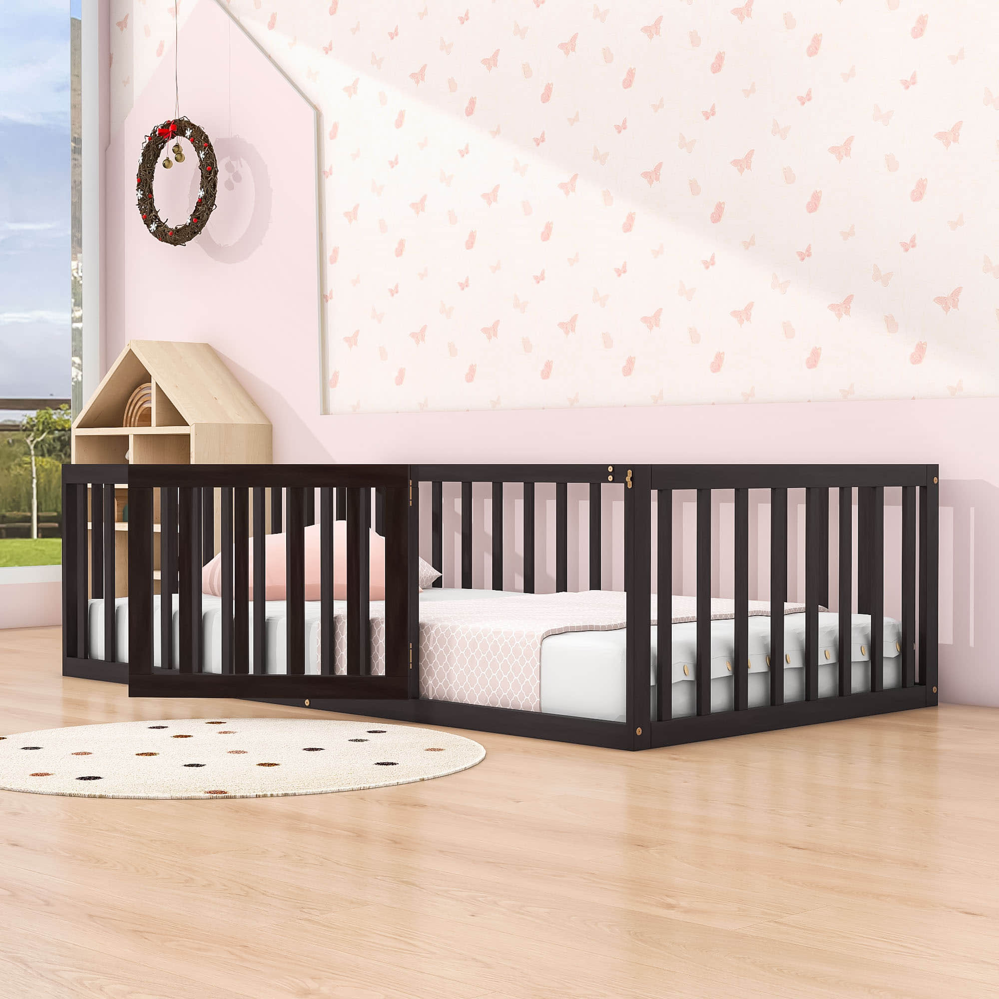 Wood Twin Size Montessori Toddler Floor Bed Frame with Rails and Door