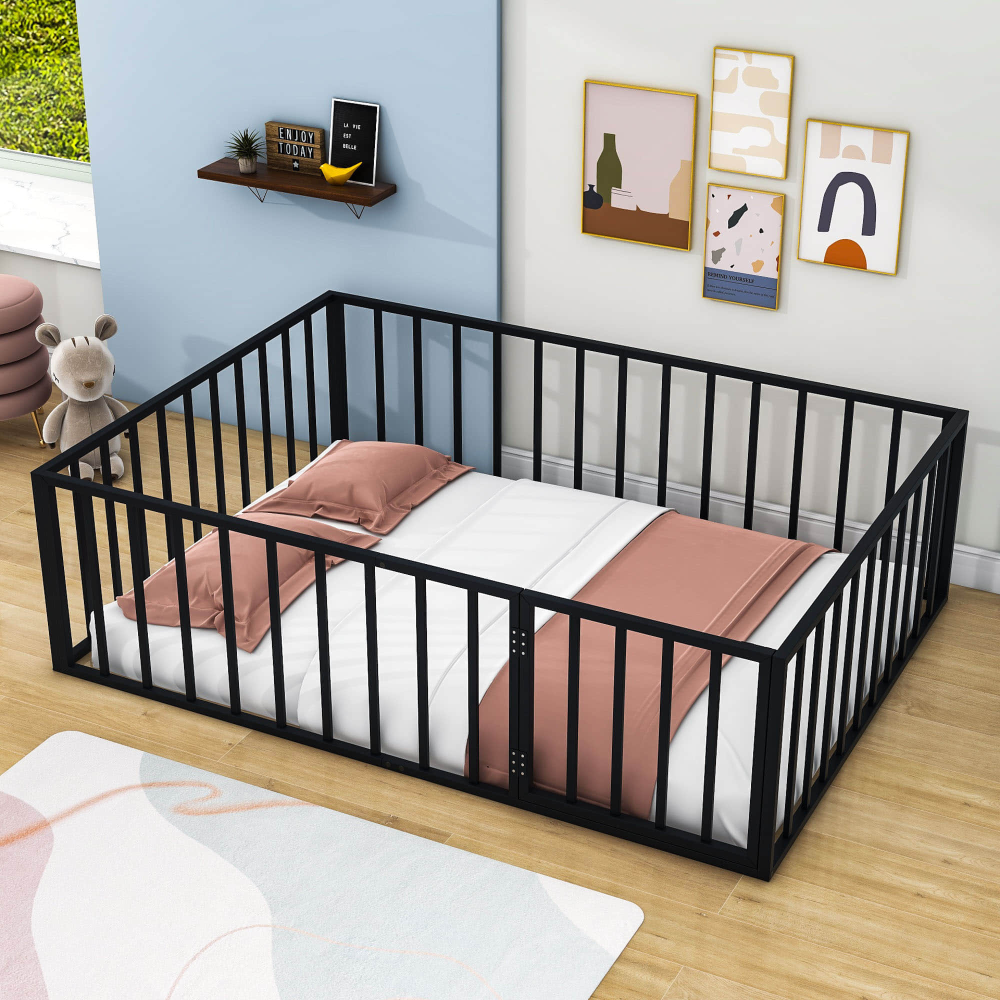 Montessori Full Size Metal Toddler Floor Bed with Rails for Kids