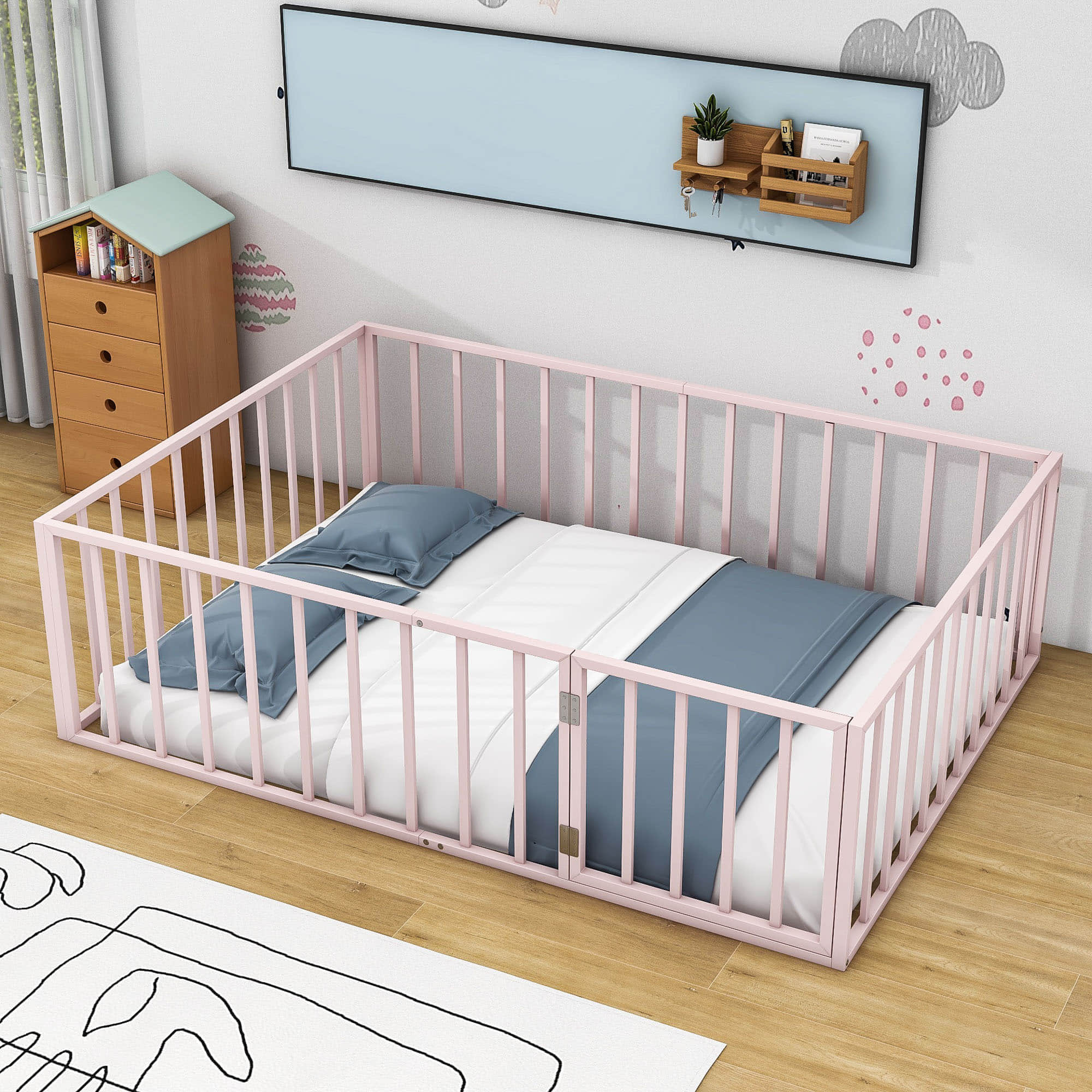 Montessori Full Size Metal Toddler Floor Bed with Rails for Kids