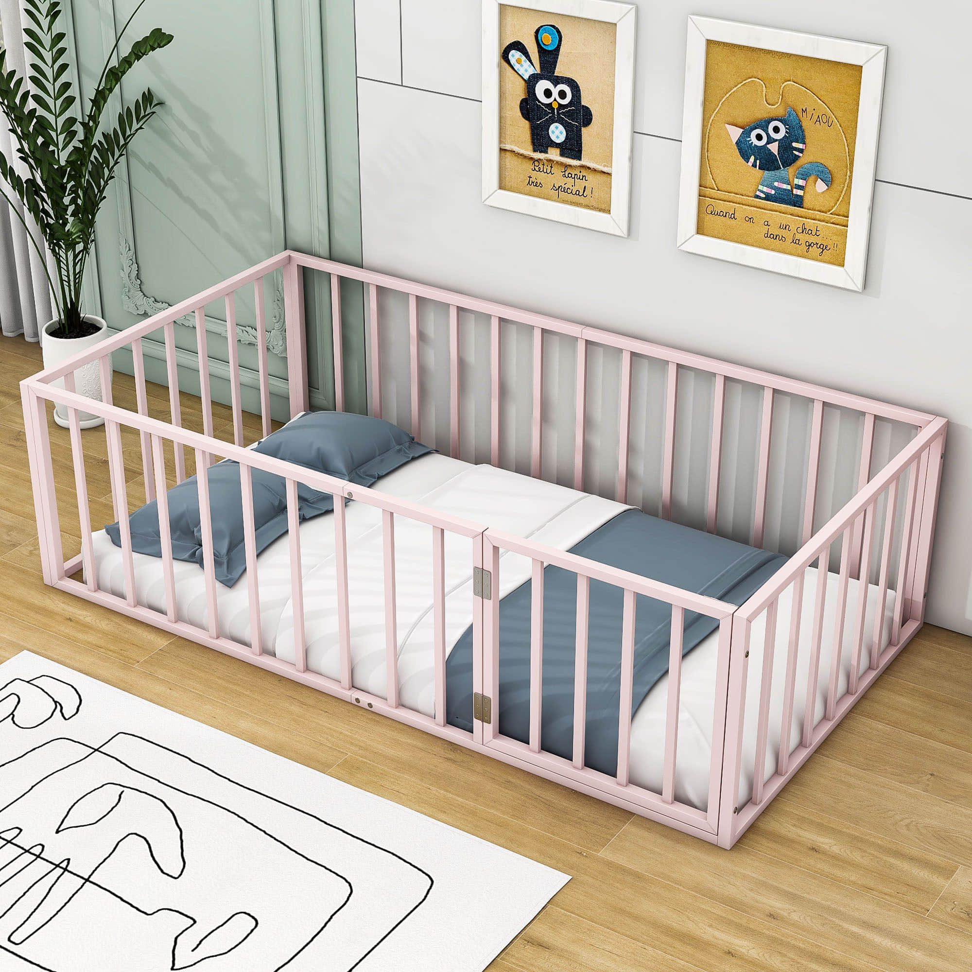 Montessori Twin Metal Toddler Floor Bed with Rails for Kids