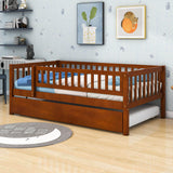 Wooden Twin Low Kids Bed with Twin Size Trundle and Rails