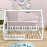 Full Size Wood House Floor Bed Frame with Rails for Toddler, Kids