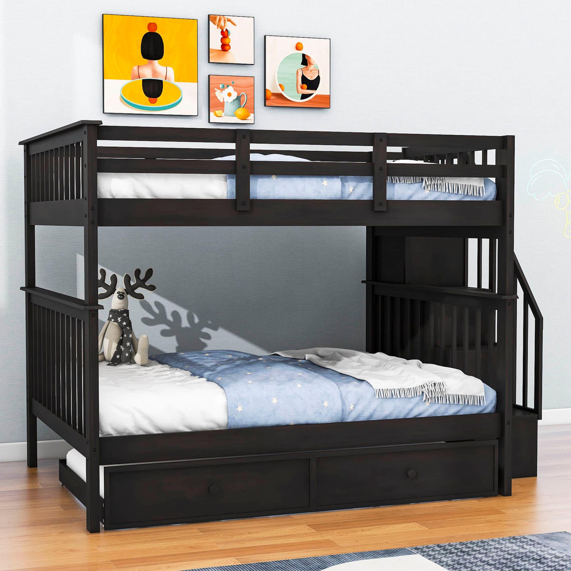 Wooden Full Over Full Bunk Beds with Trundle and Storage - [Stairs, Shelves, Detachable]