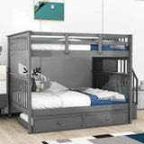 Wooden Full Over Full Bunk Beds with Trundle and Storage - [Stairs, Shelves, Detachable]