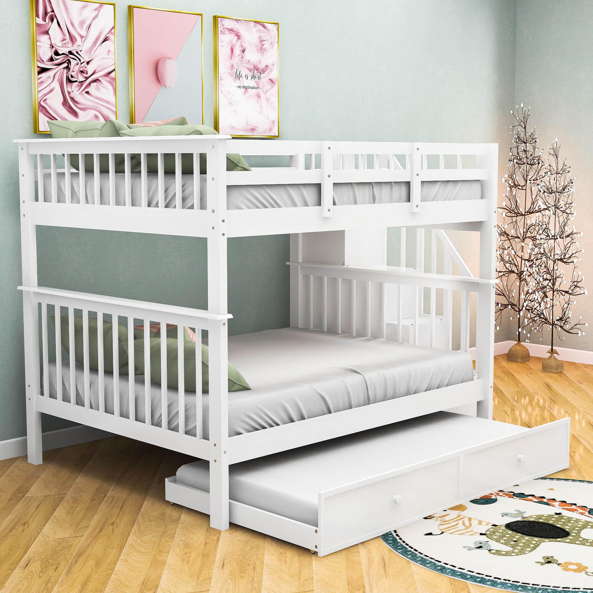 Wooden Full Over Full Bunk Beds with Trundle and Storage - [Stairs, Shelves, Detachable]