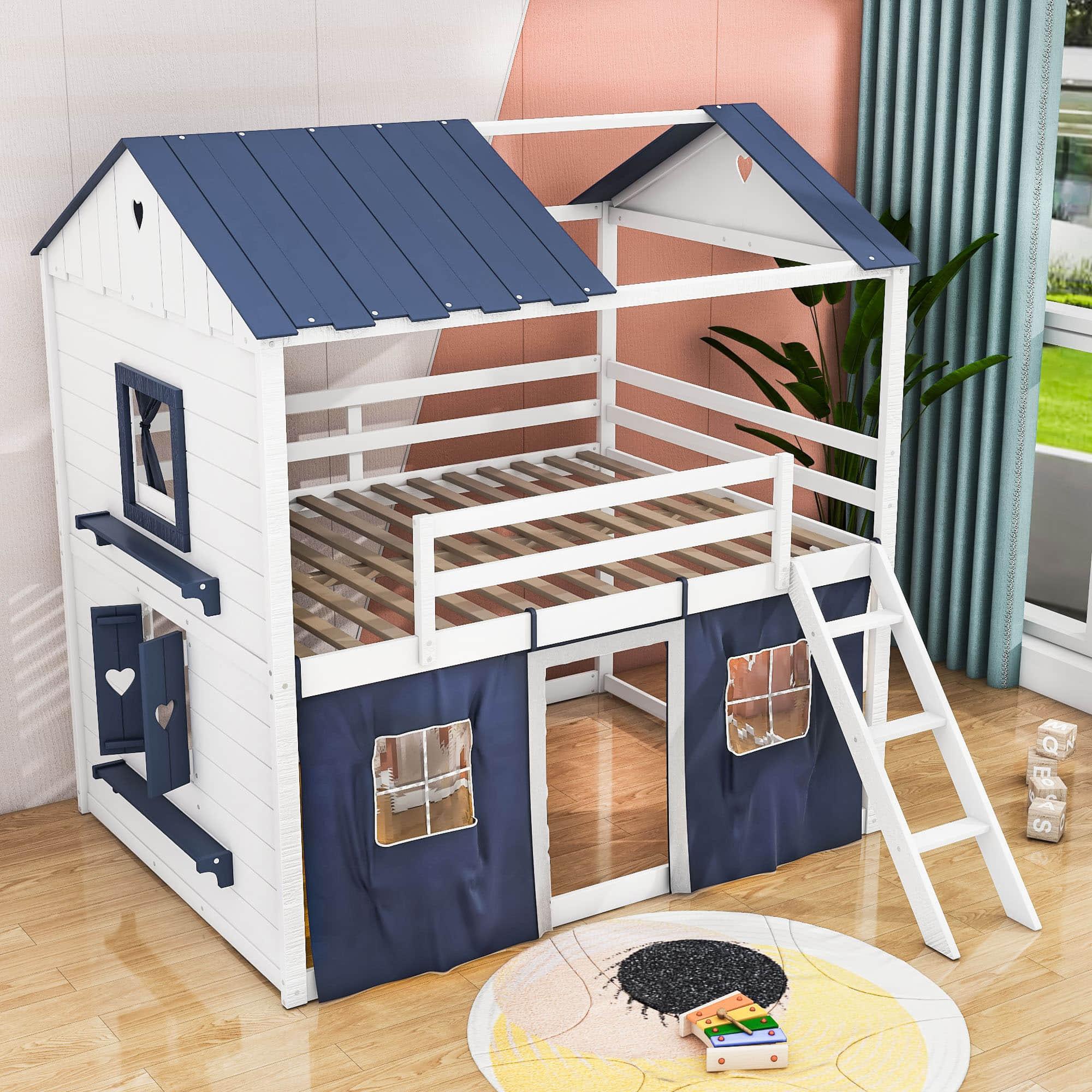 Fun Full Over Full House Loft Bunk Beds for Kids with Curtains - [Low]