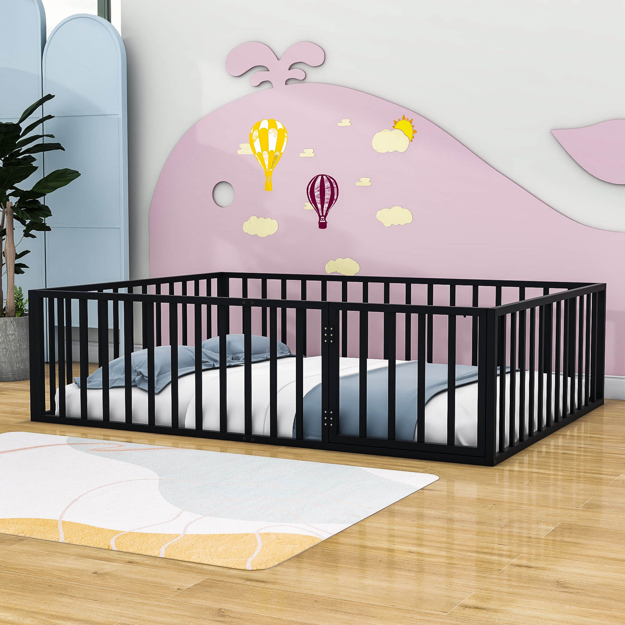 Metal Montessori Queen Toddler Floor Bed with Rails for Kids