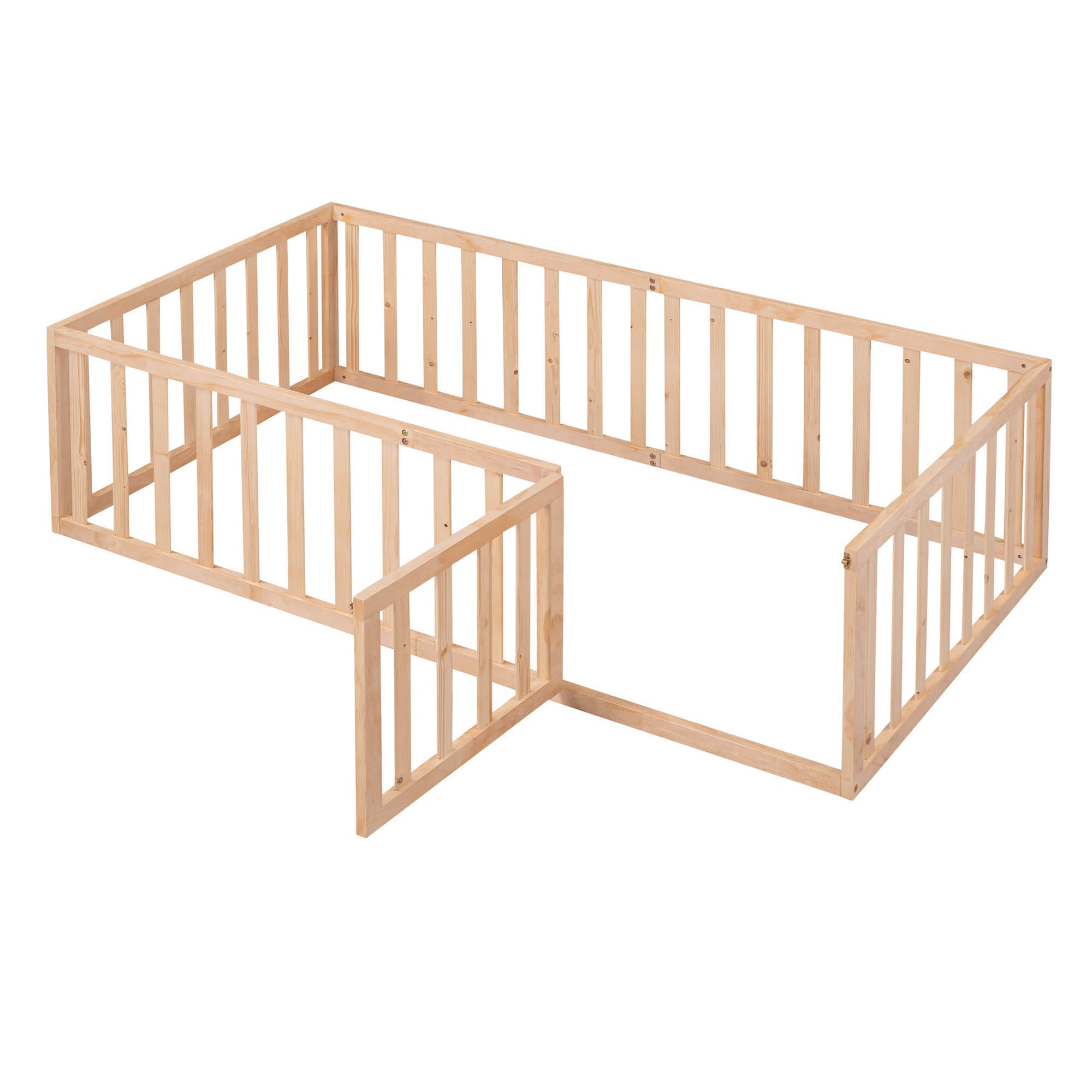 Wood Twin Size Montessori Toddler Floor Bed Frame with Rails and Door